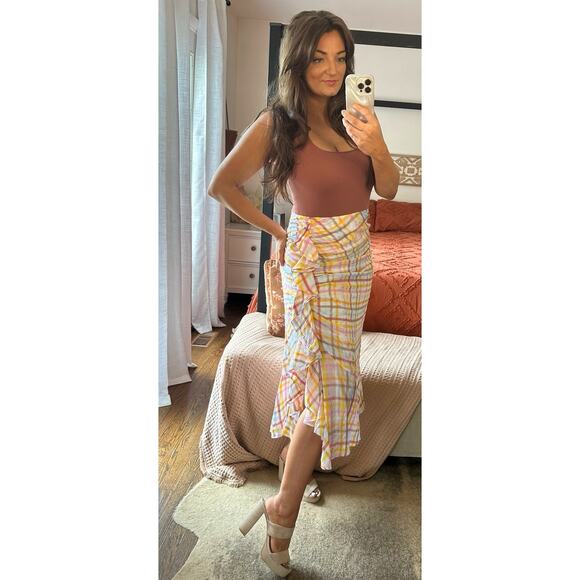 CINQ A SEPT Size 10 Patrice Plaide Ruched Ruffle Midi Skirt - Picture 7 of 7